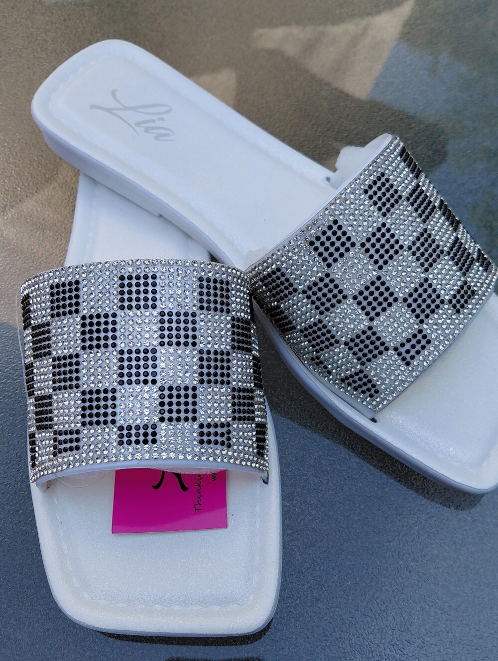 White Rhinestone Checkered Slide Sandals - Picture 2 of 2